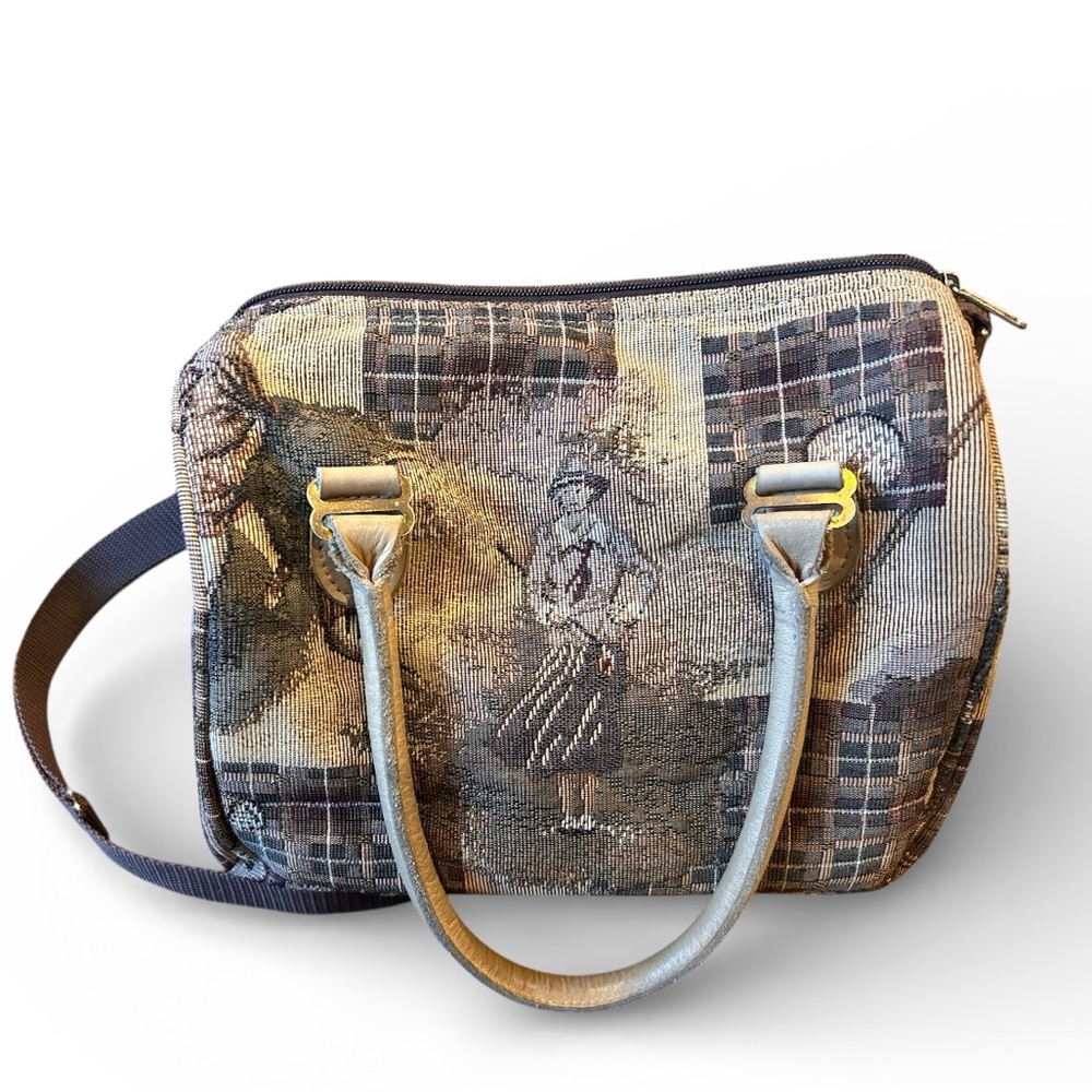 Vintage Golf Tapestry Shoulder Bag with Tan Straps